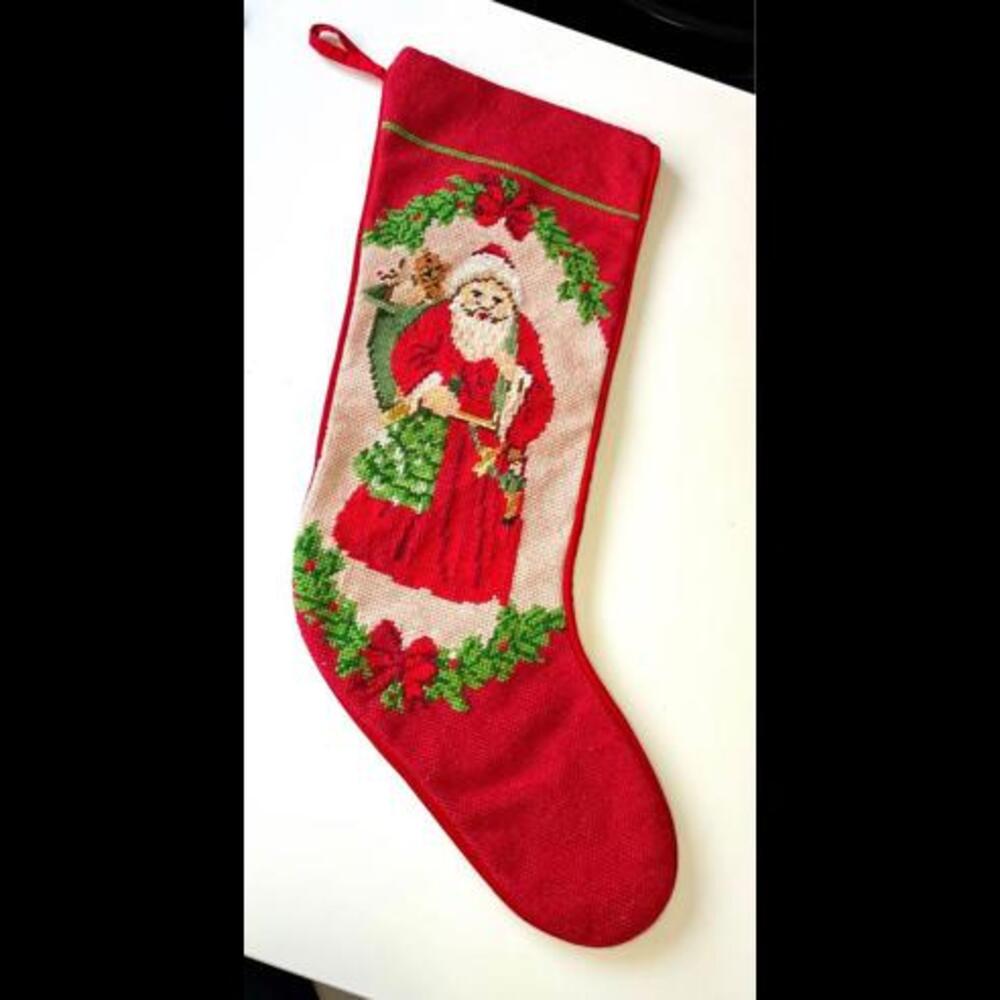Vintage Needlepoint Santa Stocking Father Christmas Red Velvet Backing